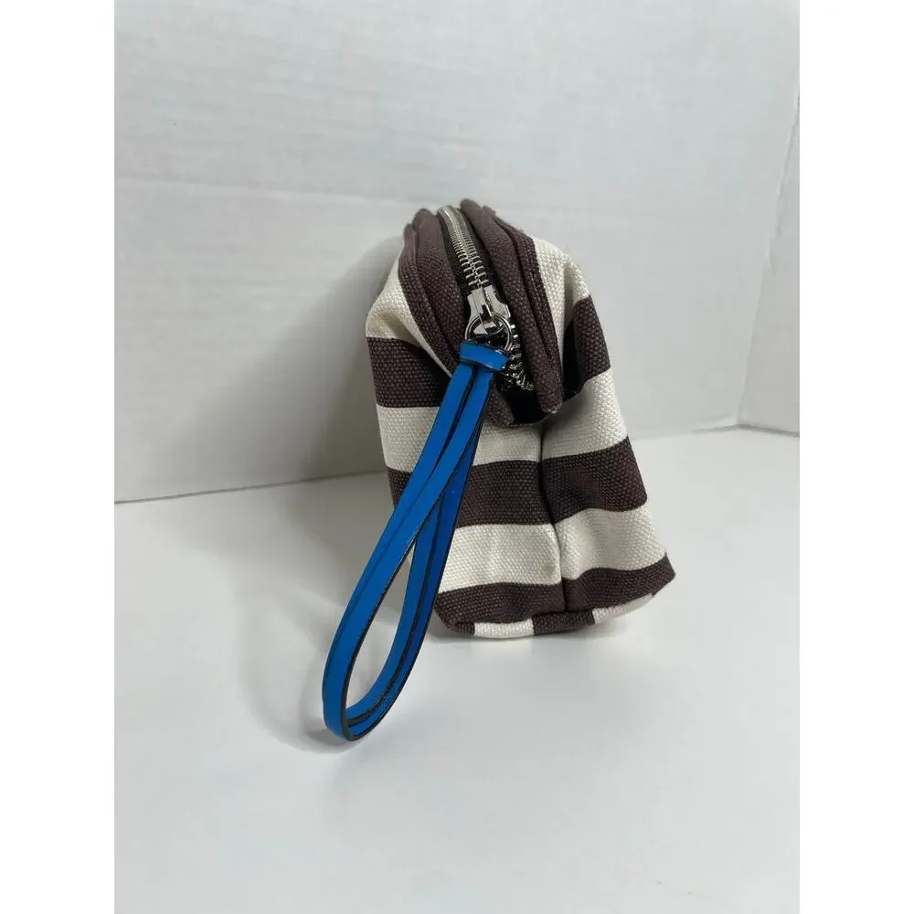 Henri Bendel Cosmetic Bag Brown White Stripe Blue Strap